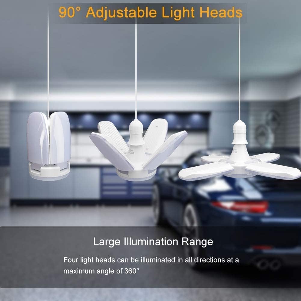 Garage LED Bulb with 90 degree adjustable light heads providing large 360 degree illumination range