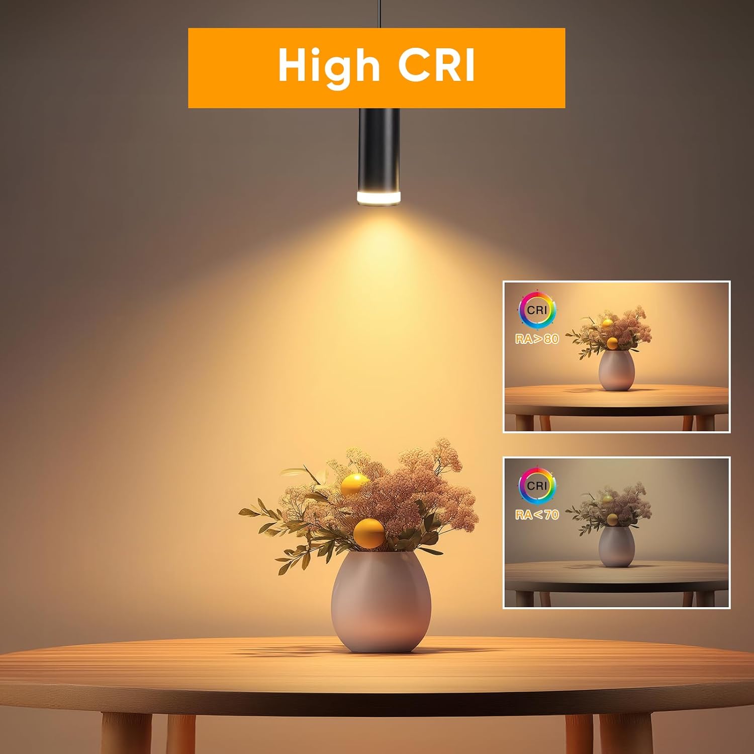 GU10 led bulb showcasing high CRI lighting enhancing color accuracy of flowers on wooden table