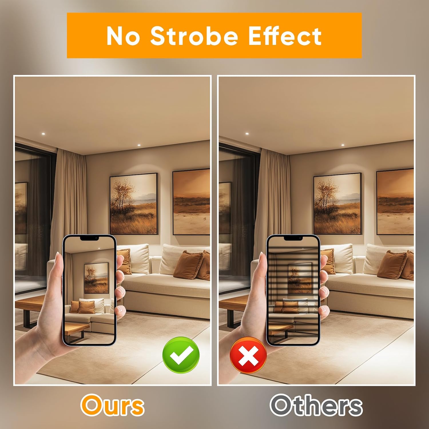 Comparison of living room lighting showing no strobe effect with GU10 led bulb and flickering with others