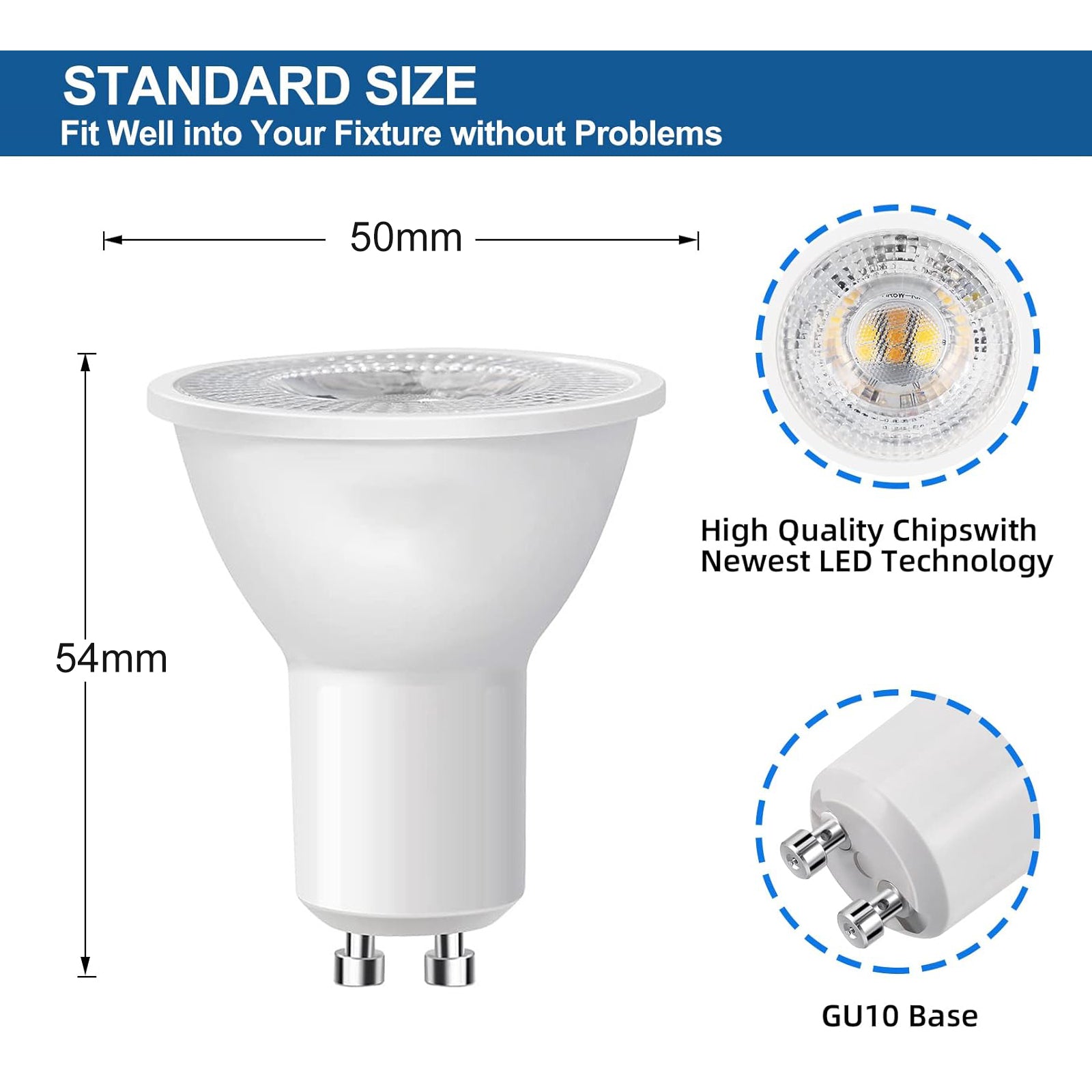 Standard size GU10 led bulb with high quality chips and GU10 base measuring 50mm by 54mm