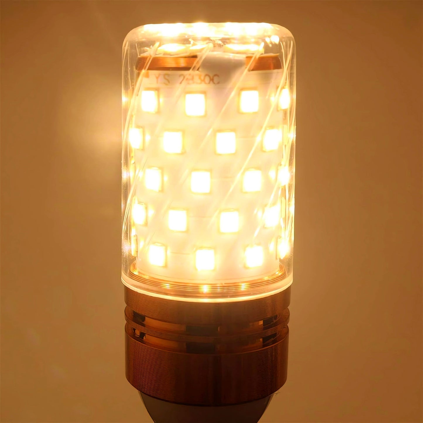 Brightly lit led corn bulb with multiple square LED lights and a brown base