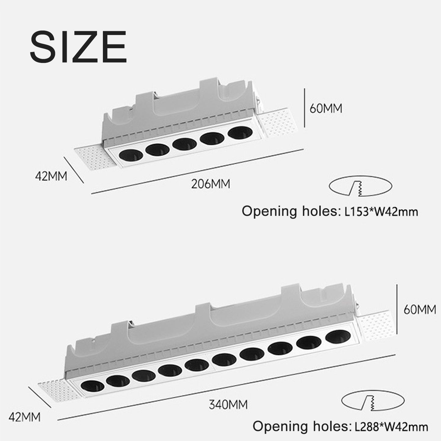 Ningbo Foroureyes Electric Co LED spotlight Grid Downlight with detailed size dimensions and opening hole measurements