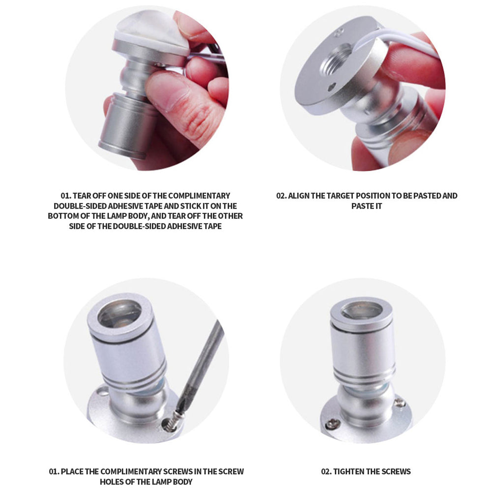 Installation steps of LED cabinet lights showing adhesive tape application and screw tightening on LED spotlight