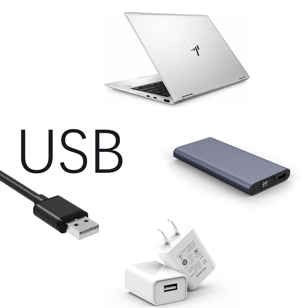 USB charging accessories including laptop, power bank, and USB wall charger for LED cabinet lights
