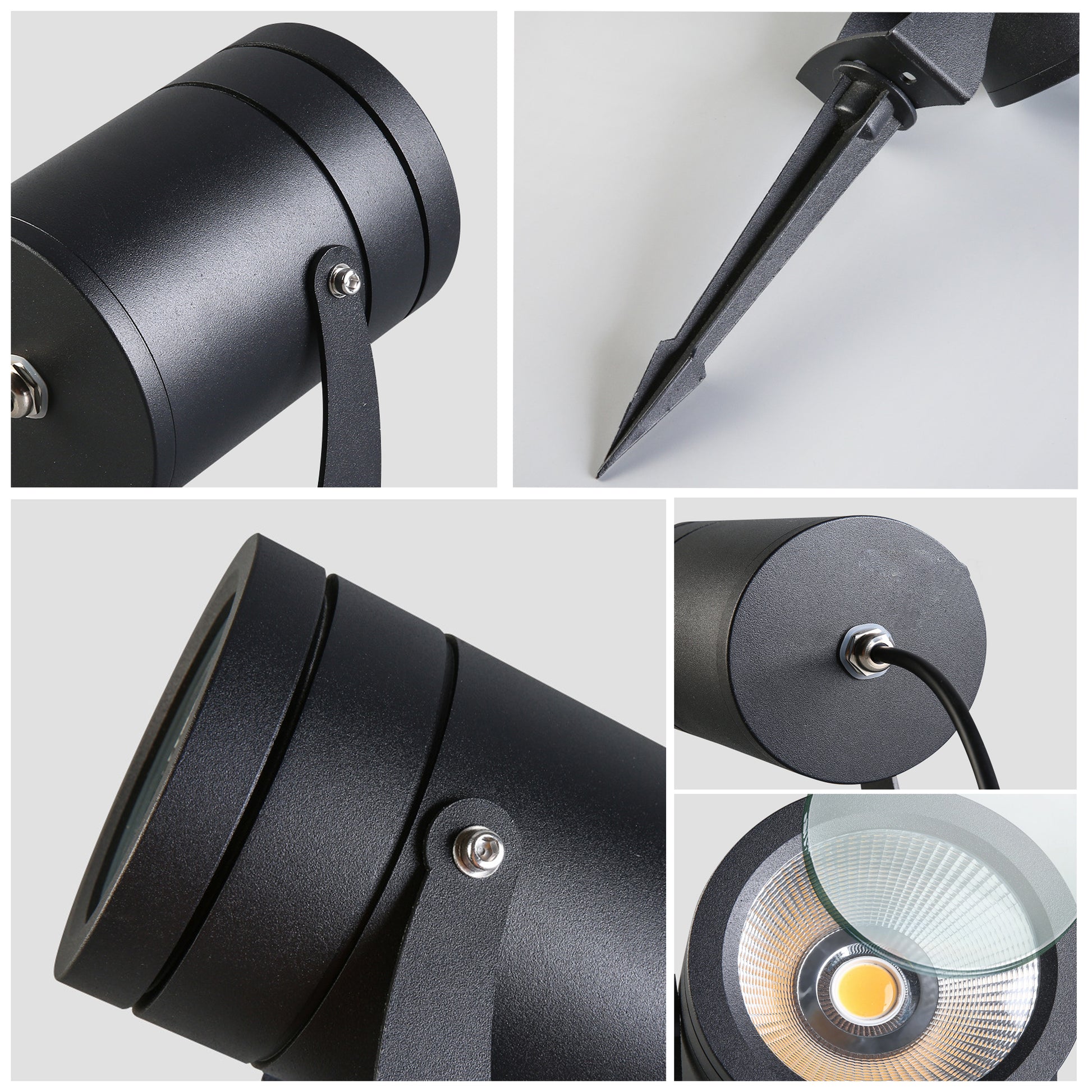 Black led garden spotlights with adjustable mount and pointed ground stake for outdoor lighting