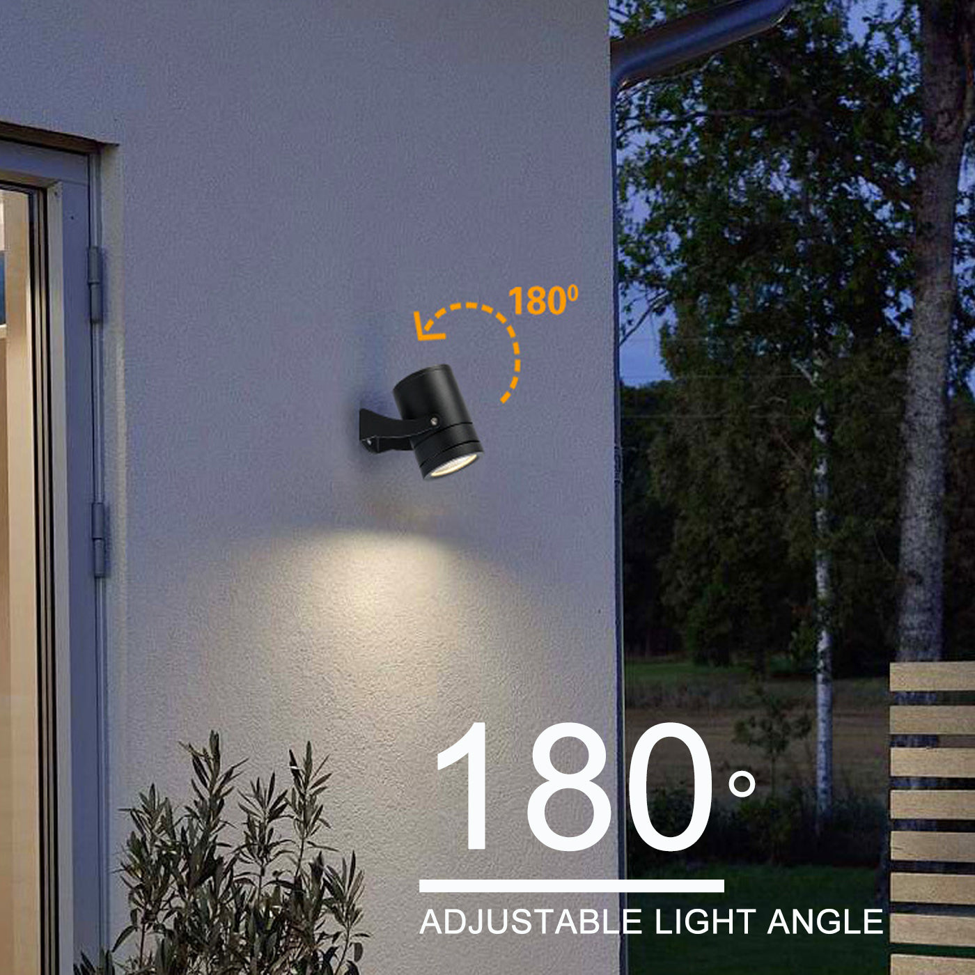 Adjustable black led garden spotlights mounted on exterior wall with 180 degree light angle