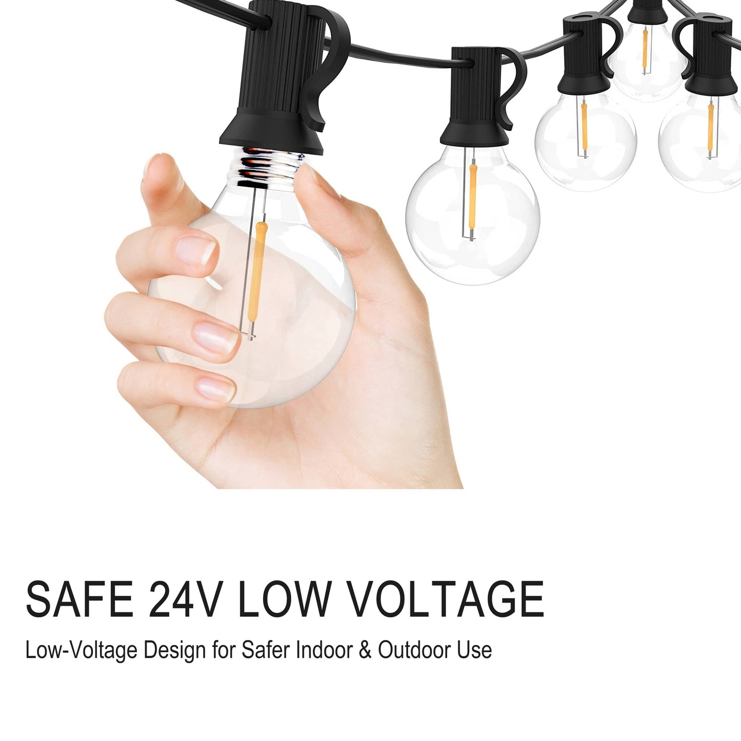 LED Globe String Lights held by a hand, featuring low voltage for safe indoor and outdoor use