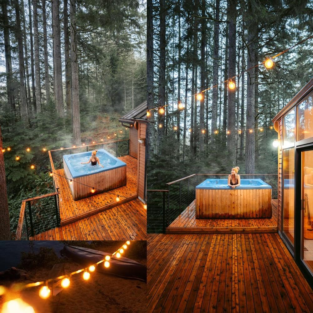 Warm glowing led outdoor lights strung above wooden deck with hot tub in forest setting