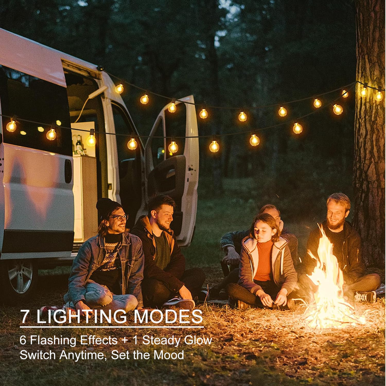 LED outdoor lights string illuminating campsite with people sitting around campfire and van in background