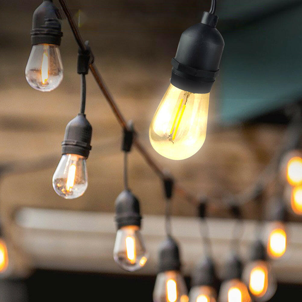 String of LED Outdoor Lights with vintage bulbs, ideal for patios and gardens