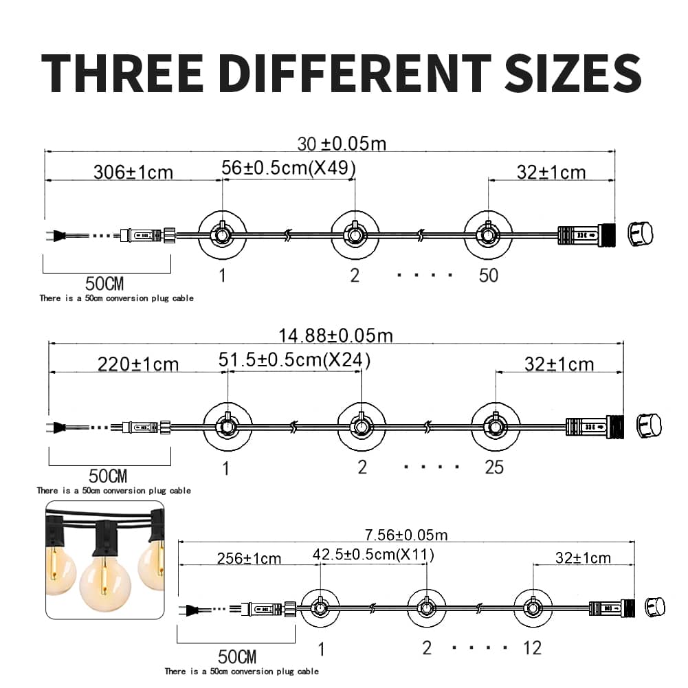 Diagram showing three different sizes of led outdoor lights string with detailed measurements and bulb spacing