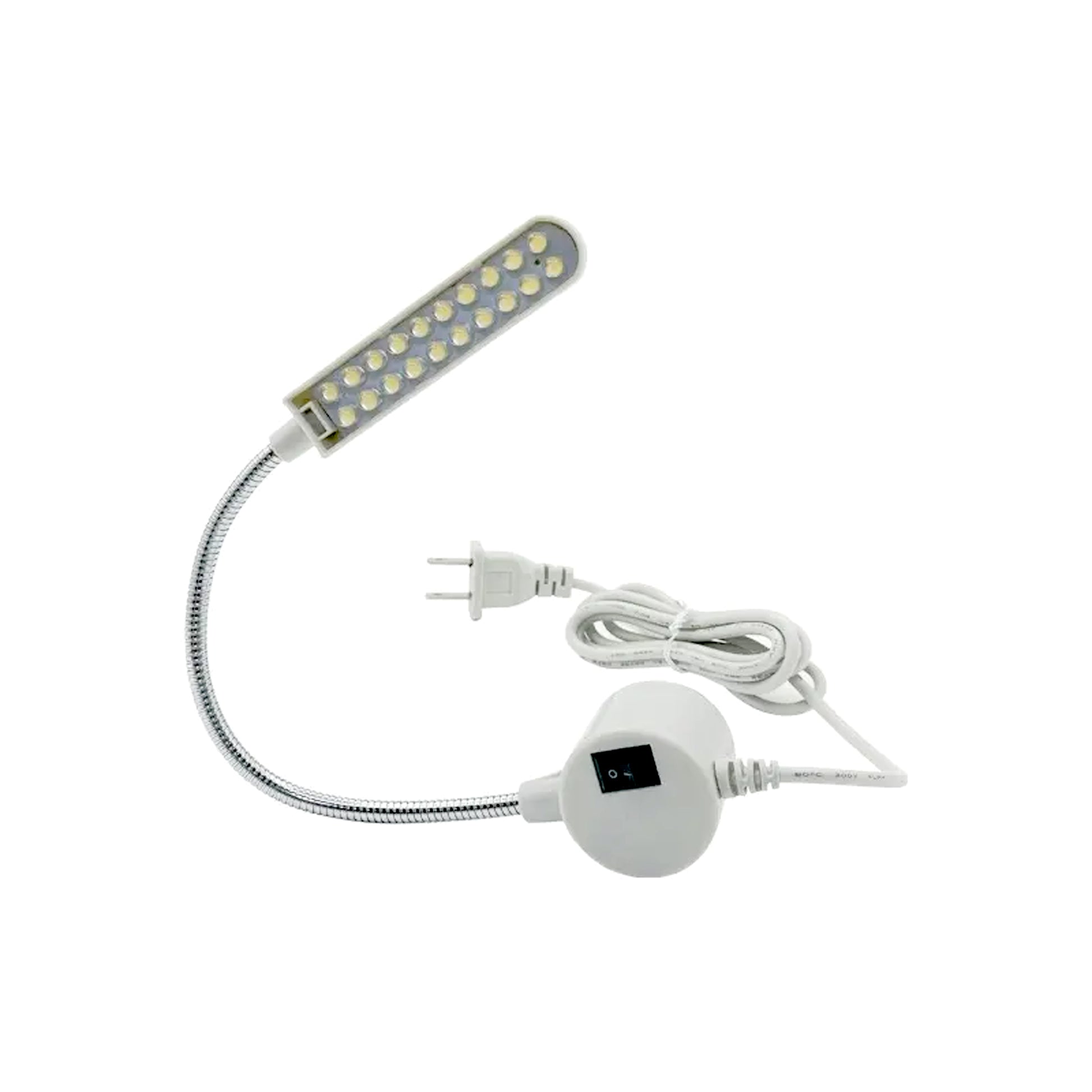 Flexible white LED Sewing Lamp with multiple LED bulbs and power switch on cord