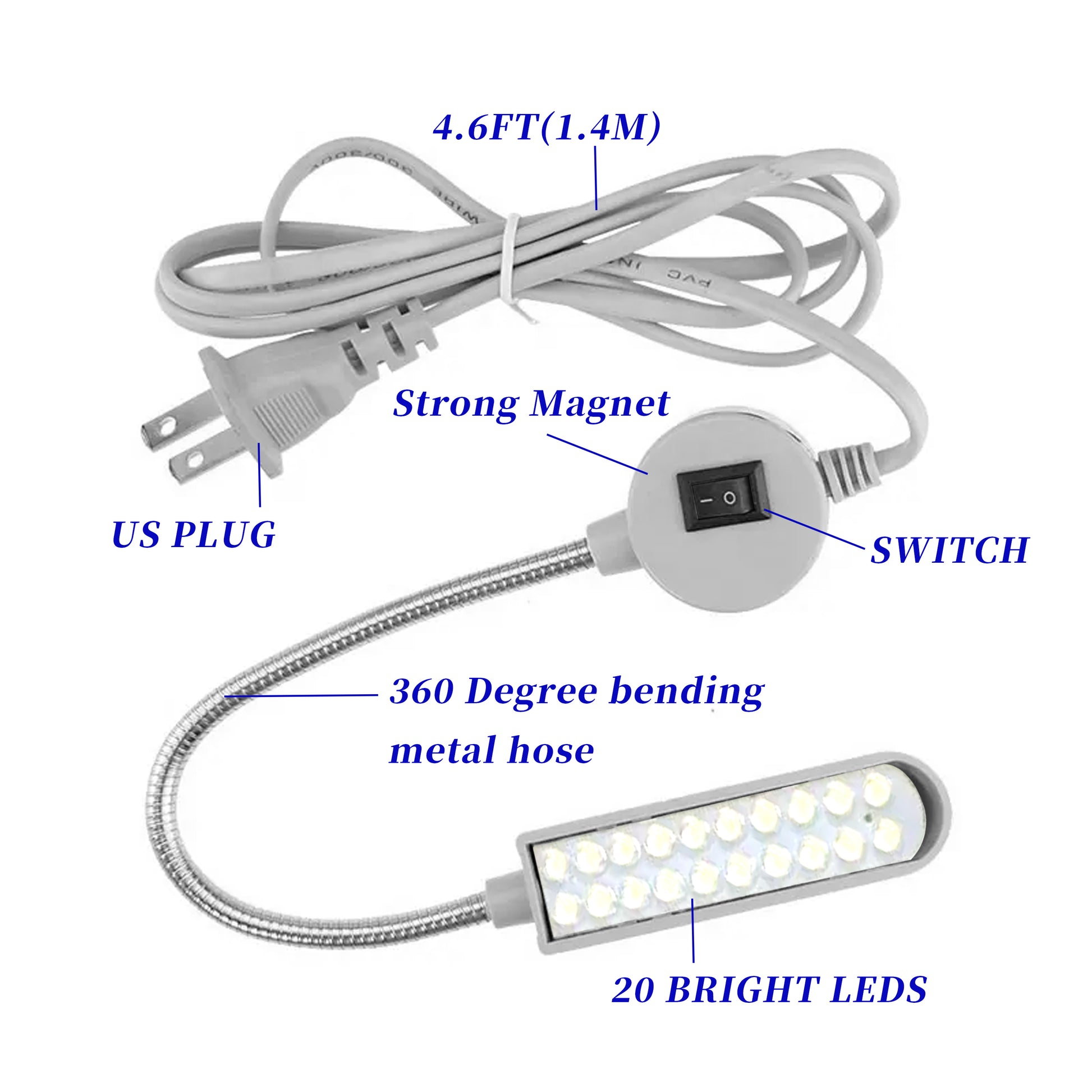 LED Sewing Lamp with 20 bright LEDs, 360 degree bending metal hose, strong magnet, and US plug