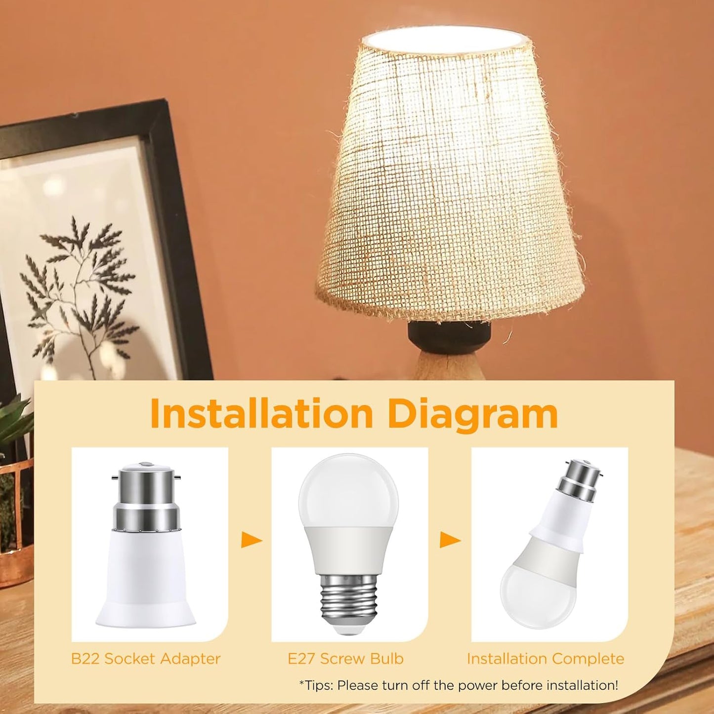 B22 to E27 Light Bulb Adapter Converter shown with lit table lamp and installation diagram for easy fitting