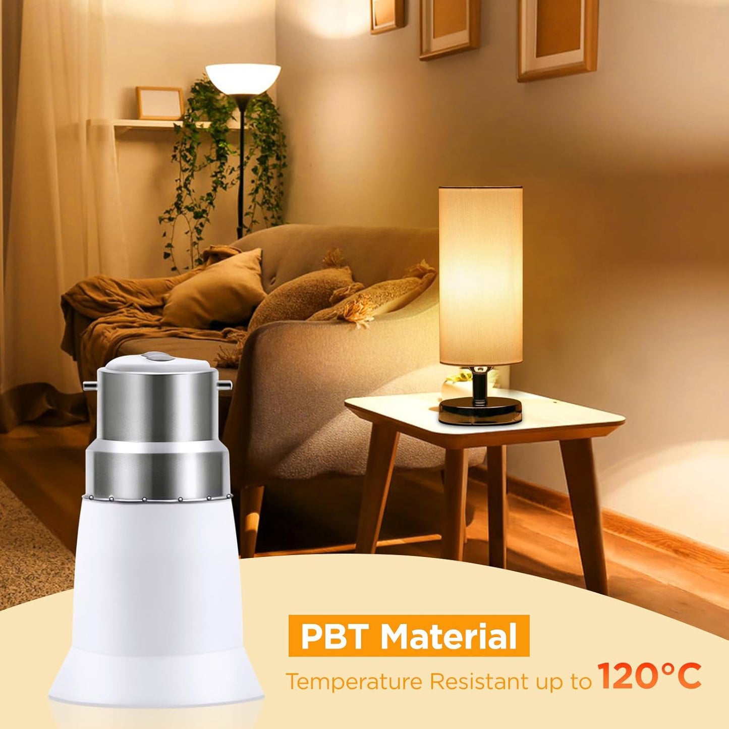 B22 to E27 Light Bulb Adapter Converter PBT lamp holder, white adapter shown with cozy living room lamp, heat resistant to 120C