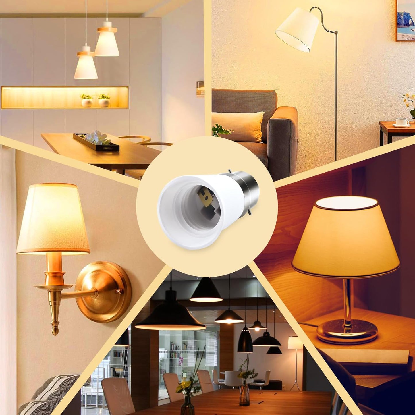 B22 to E27 Light Bulb Adapter Converter white lamp holder shown with living room and dining lighting