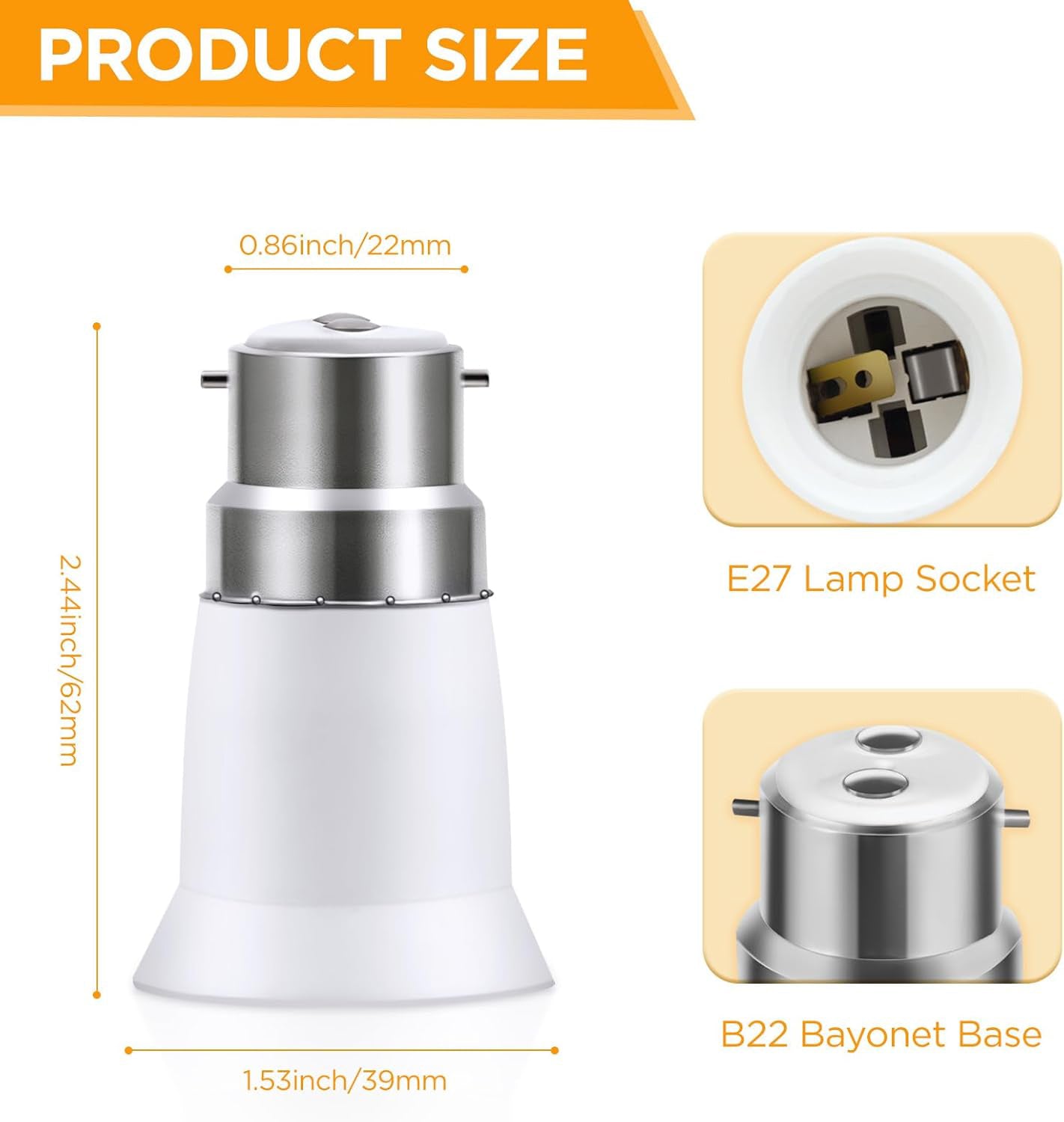 B22 to E27 Light Bulb Adapter Converter white and silver lamp holder with dimensions showing E27 socket and B22 bayonet base