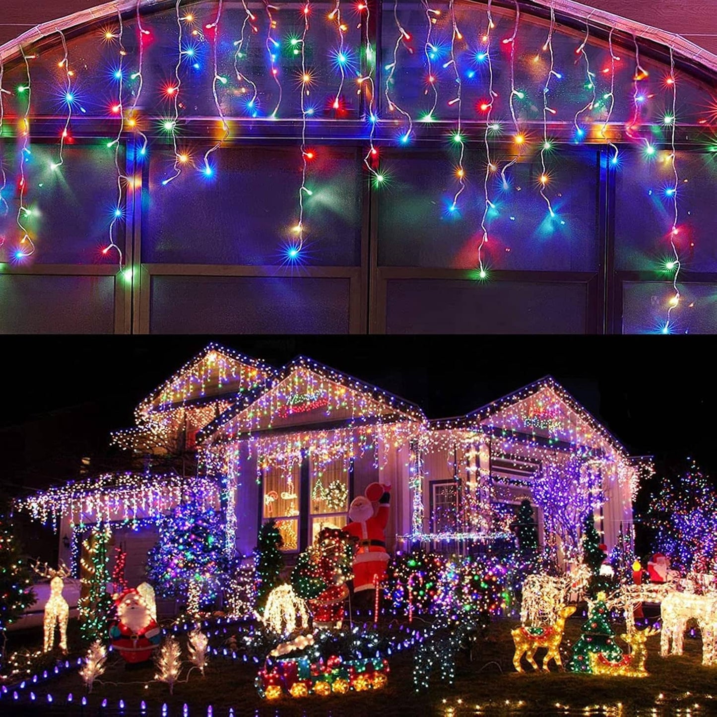Colorful LED Fairy outdoor lighting decorating a house and window for festive holiday display