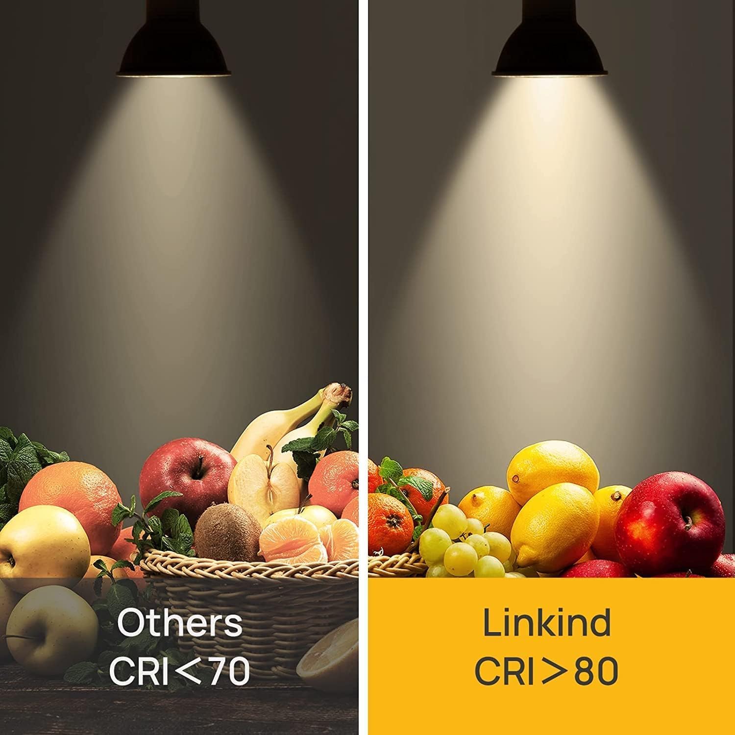 MR16 LED Spotlight Bulb showing bright and clear light on fruits with high CRI over 80