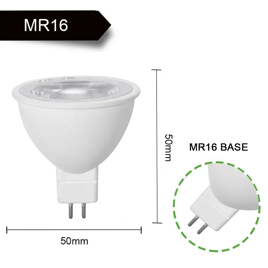 MR16 LED Spotlight Bulb with white housing and two-pin MR16 base, measuring 50mm by 50mm