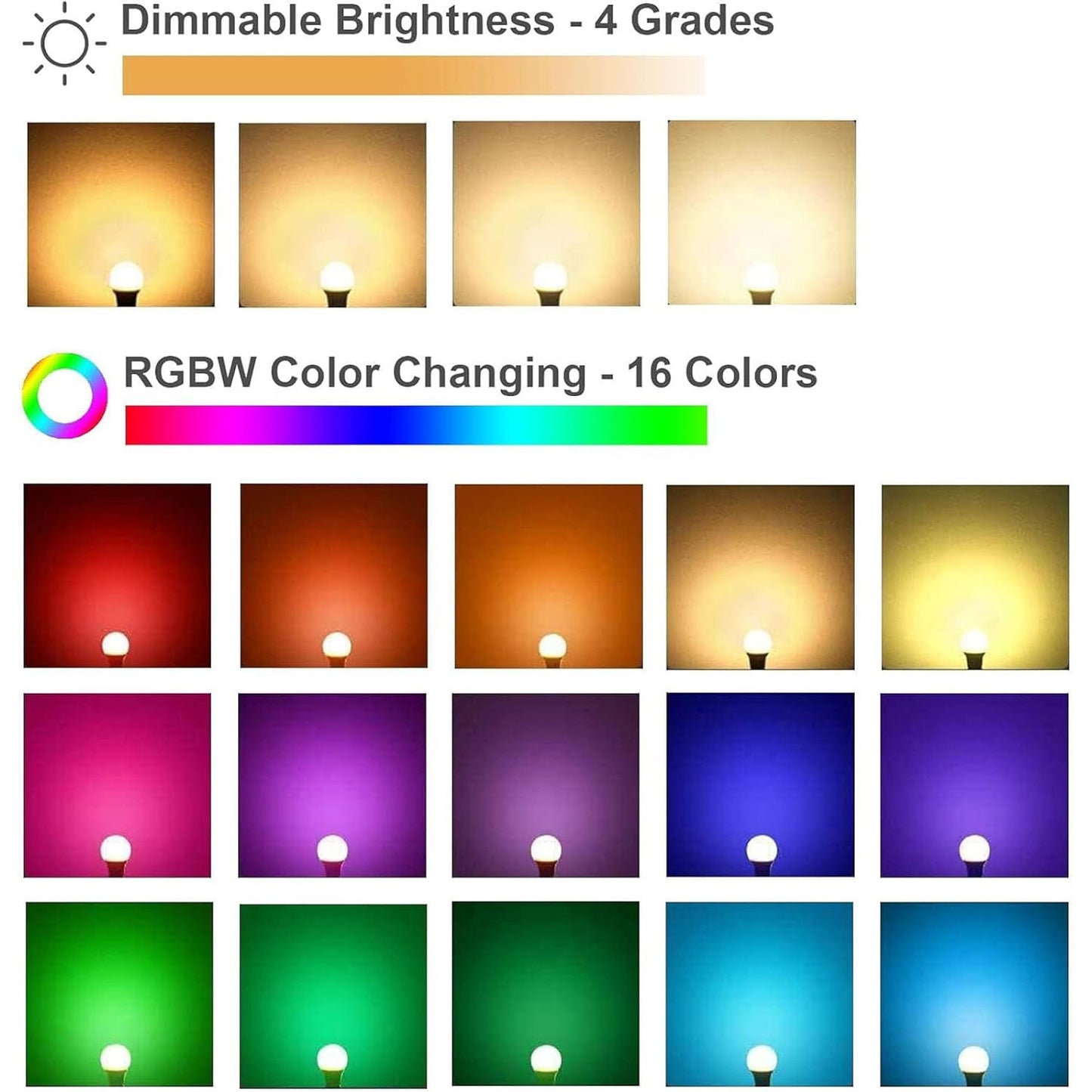 RGB LED Bulb showing dimmable brightness with 4 levels and 16 color-changing RGBW options
