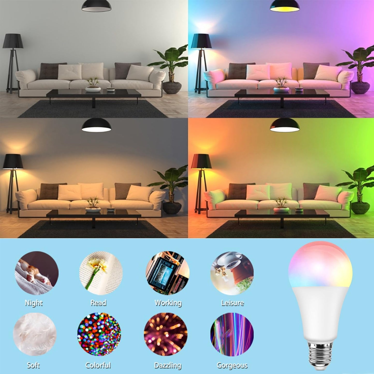 RGB LED Bulb changing colors in living room providing colorful and soft lighting for different moods and activities