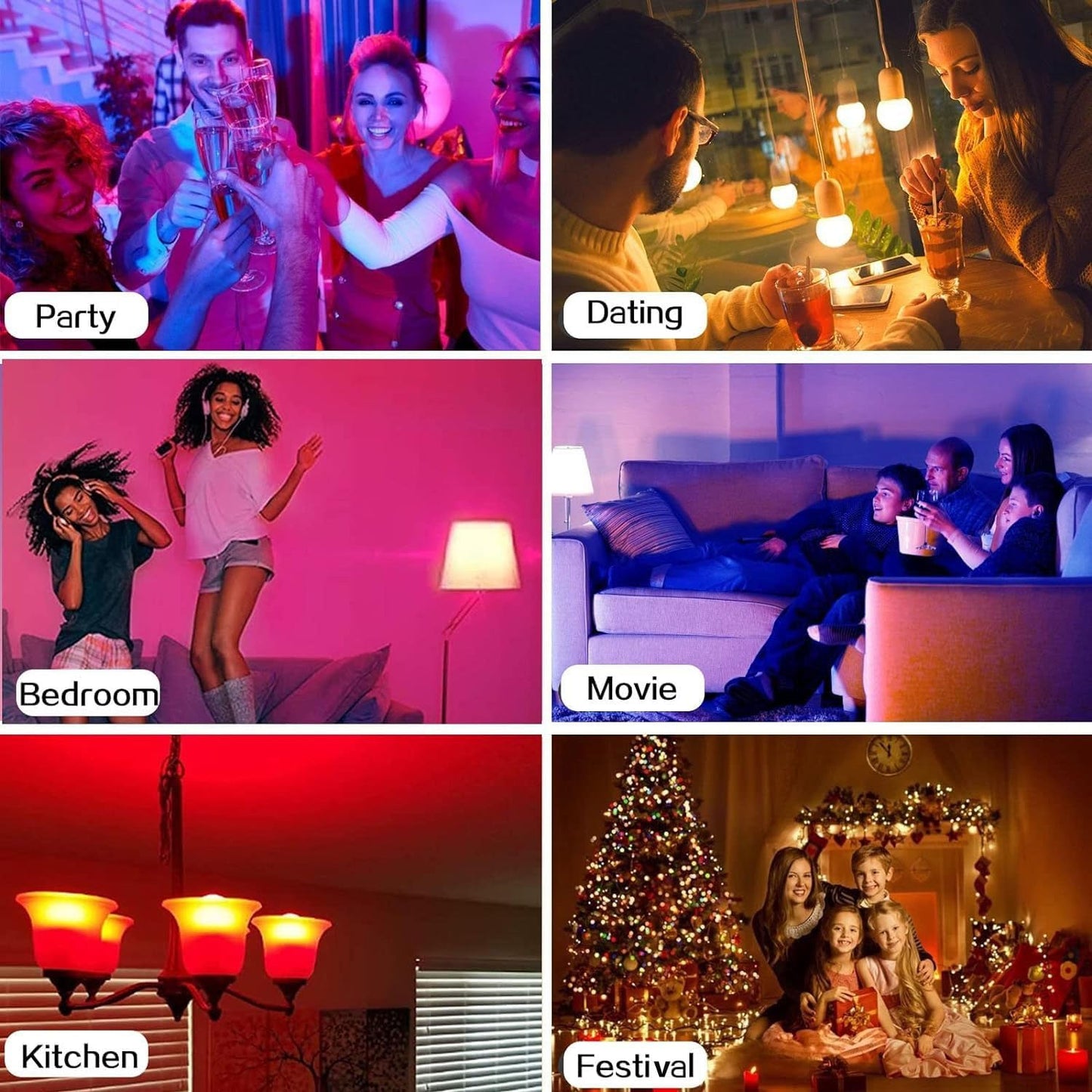RGB LED Bulb creating colorful lighting scenes for party, dating, bedroom, movie, kitchen, and festival settings