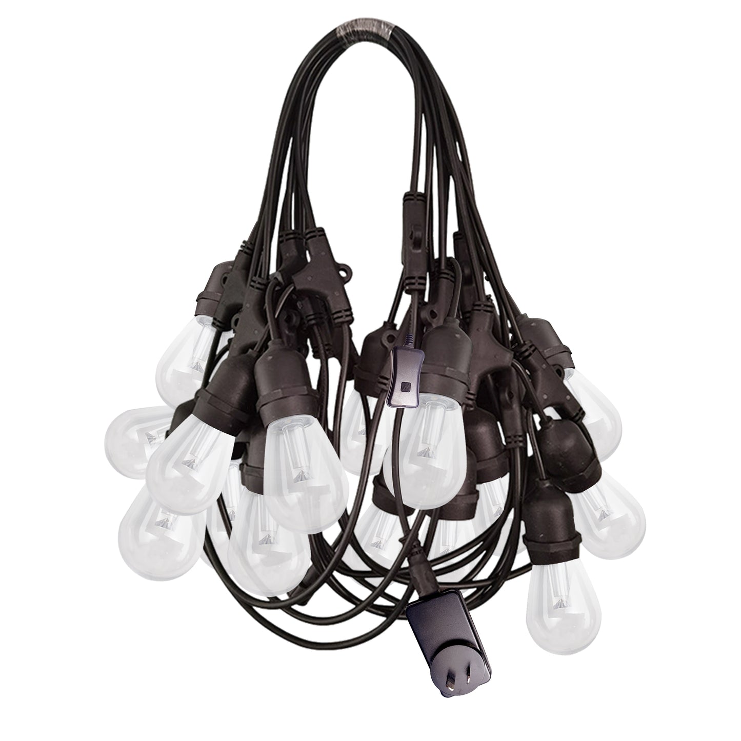 Smart outdoor string lights with multiple clear bulbs and black wiring by Ningbo Fuaisi Electric Appliance
