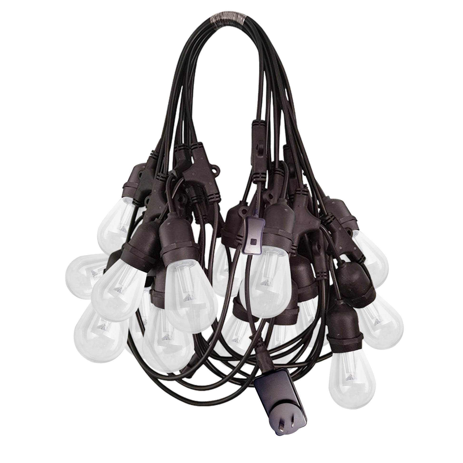 Smart outdoor string lights with multiple clear bulbs and black wiring by Ningbo Fuaisi Electric Appliance