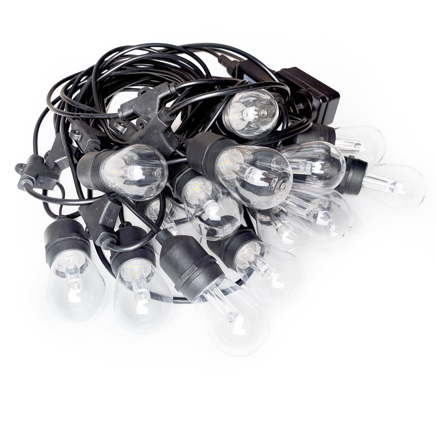 Smart outdoor string lights with clear bulbs on a black cord ideal for patios and gardens