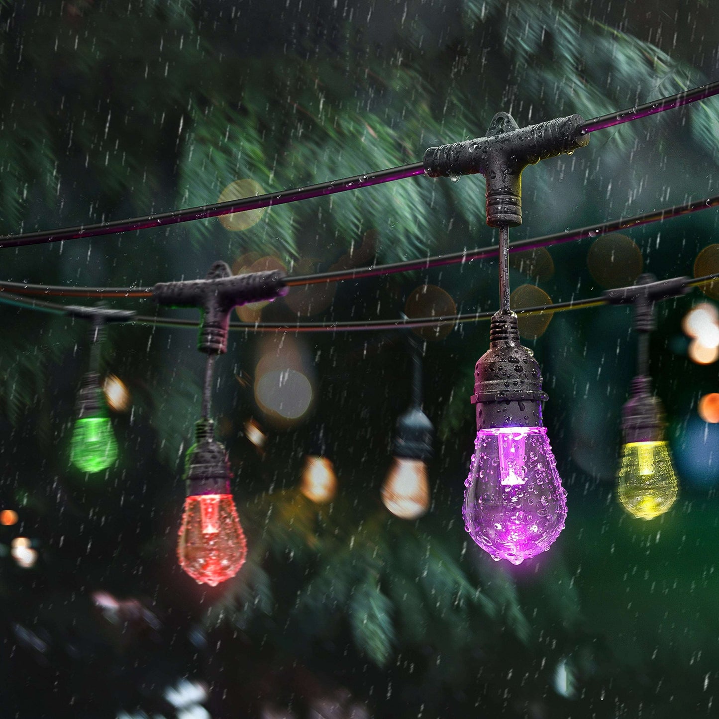 Colorful smart outdoor string lights hanging in the rain, perfect for festive gatherings