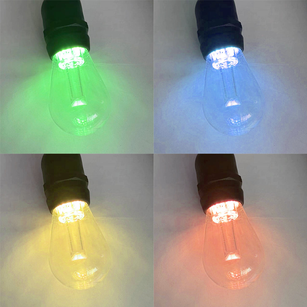 Smart outdoor string lights showing multiple color options including green, blue, yellow, and red bulbs
