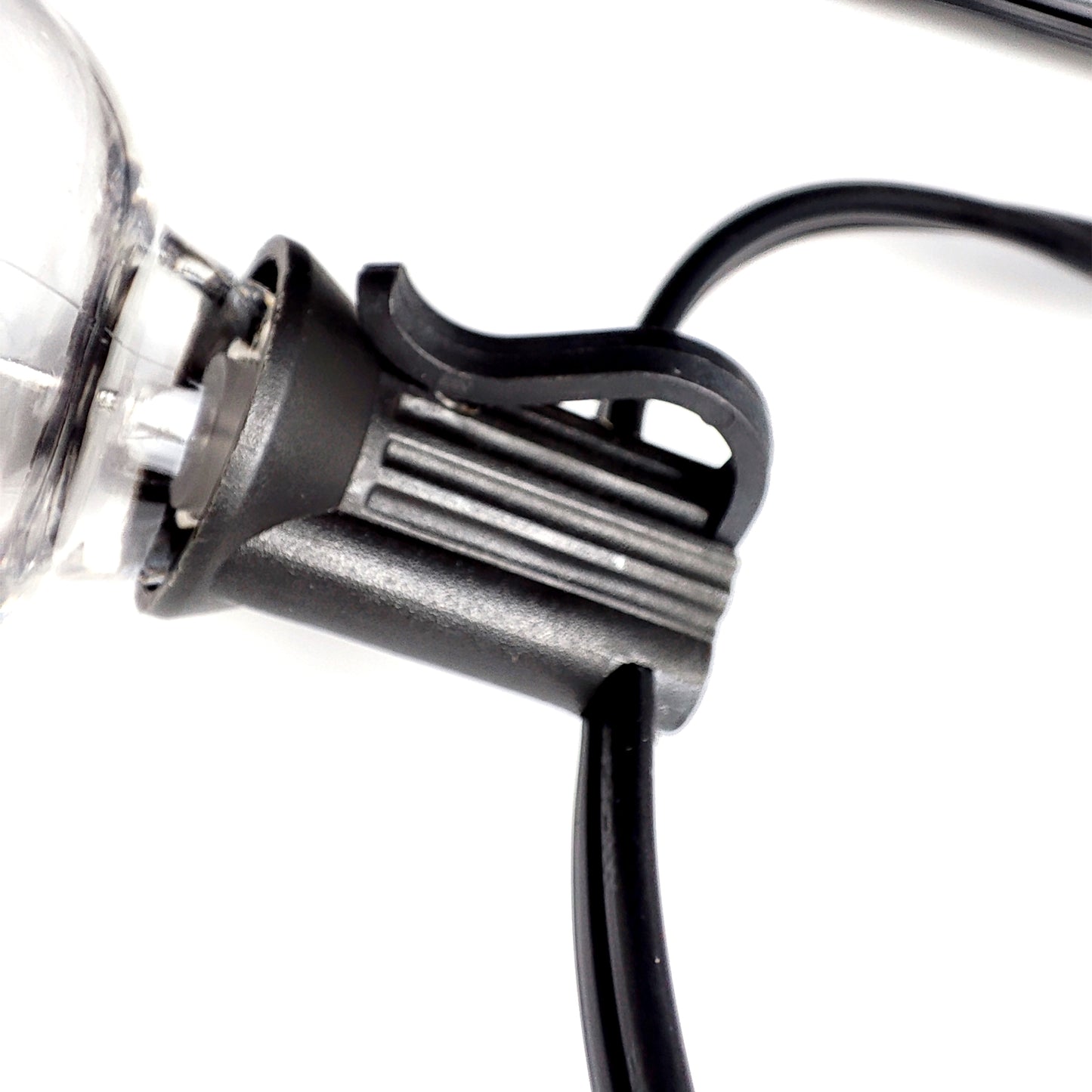 Close-up of black clip and wiring for solar led outdoor lighting by Ningbo Fuaisi Electric Appliance