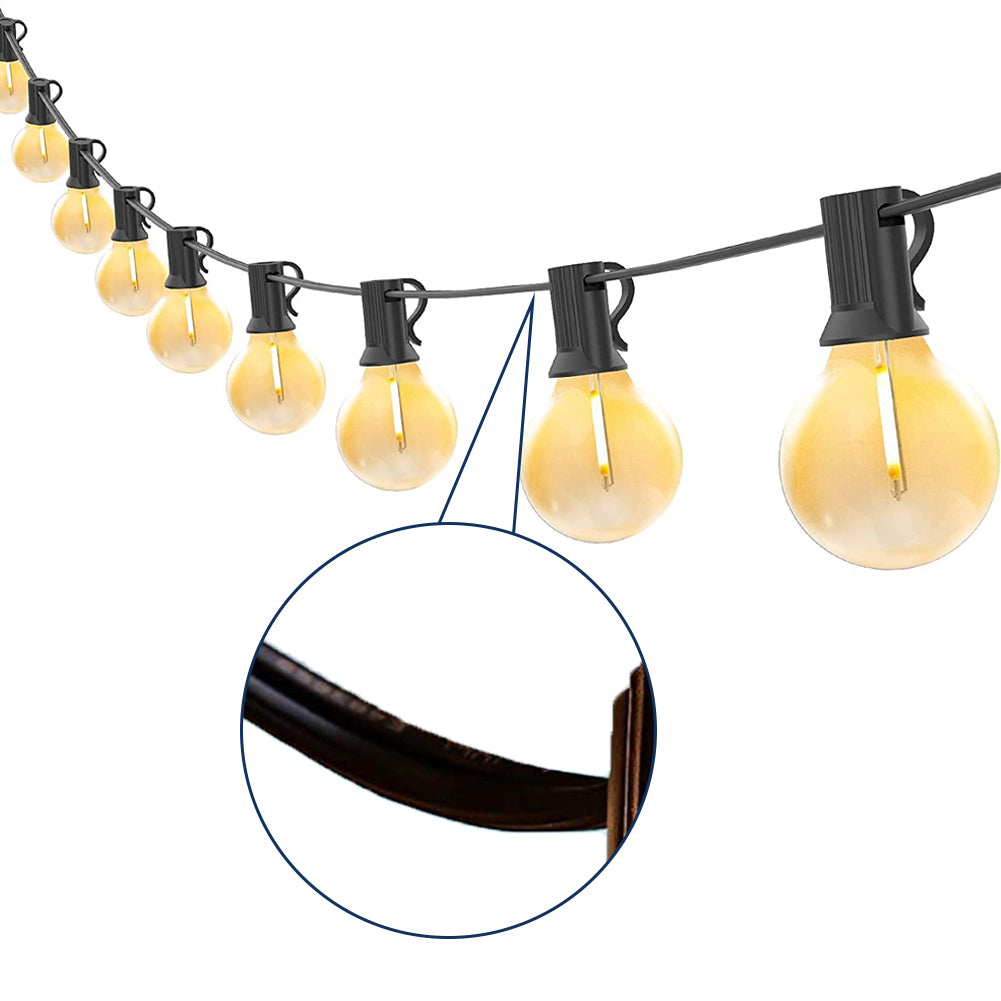 Solar led outdoor lighting string with warm yellow bulbs and black wiring for outdoor decoration