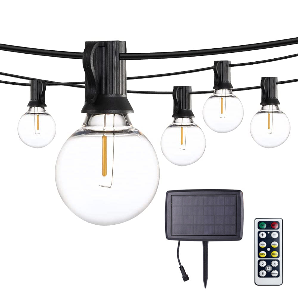 Solar led outdoor lighting string with five clear bulbs, solar panel, and remote control for outdoor use