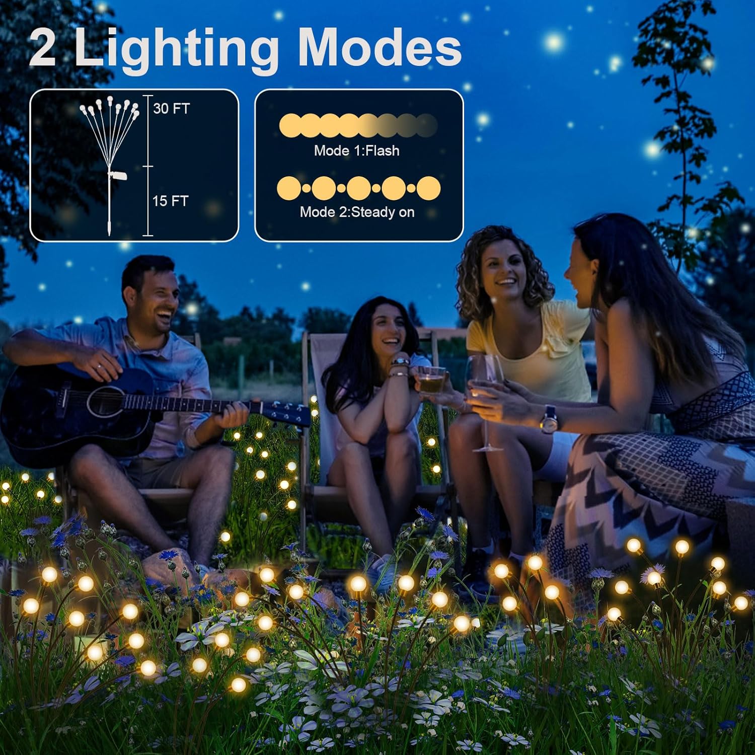 Solar lights lawn lamp with two lighting modes illuminating garden with people enjoying evening outdoors