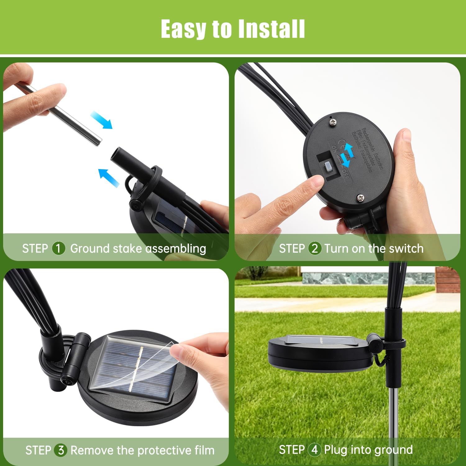 Step-by-step installation of lawn lamp solar lights with ground stake assembling and switch activation