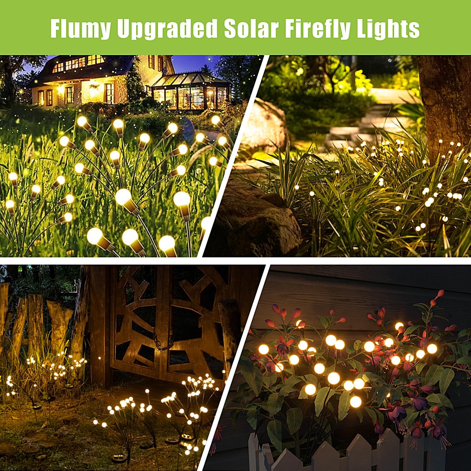 Flumy upgraded solar lights designed as glowing firefly lawn lamps illuminating garden and outdoor spaces
