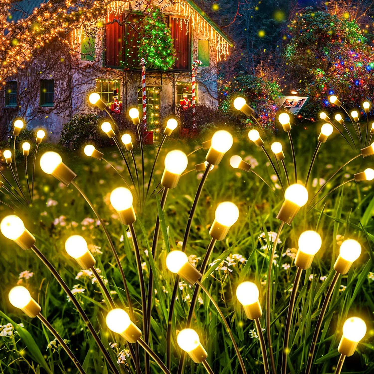 Outdoor lawn lamp garden lights glowing warmly at night with Solar Lights for decorative landscaping