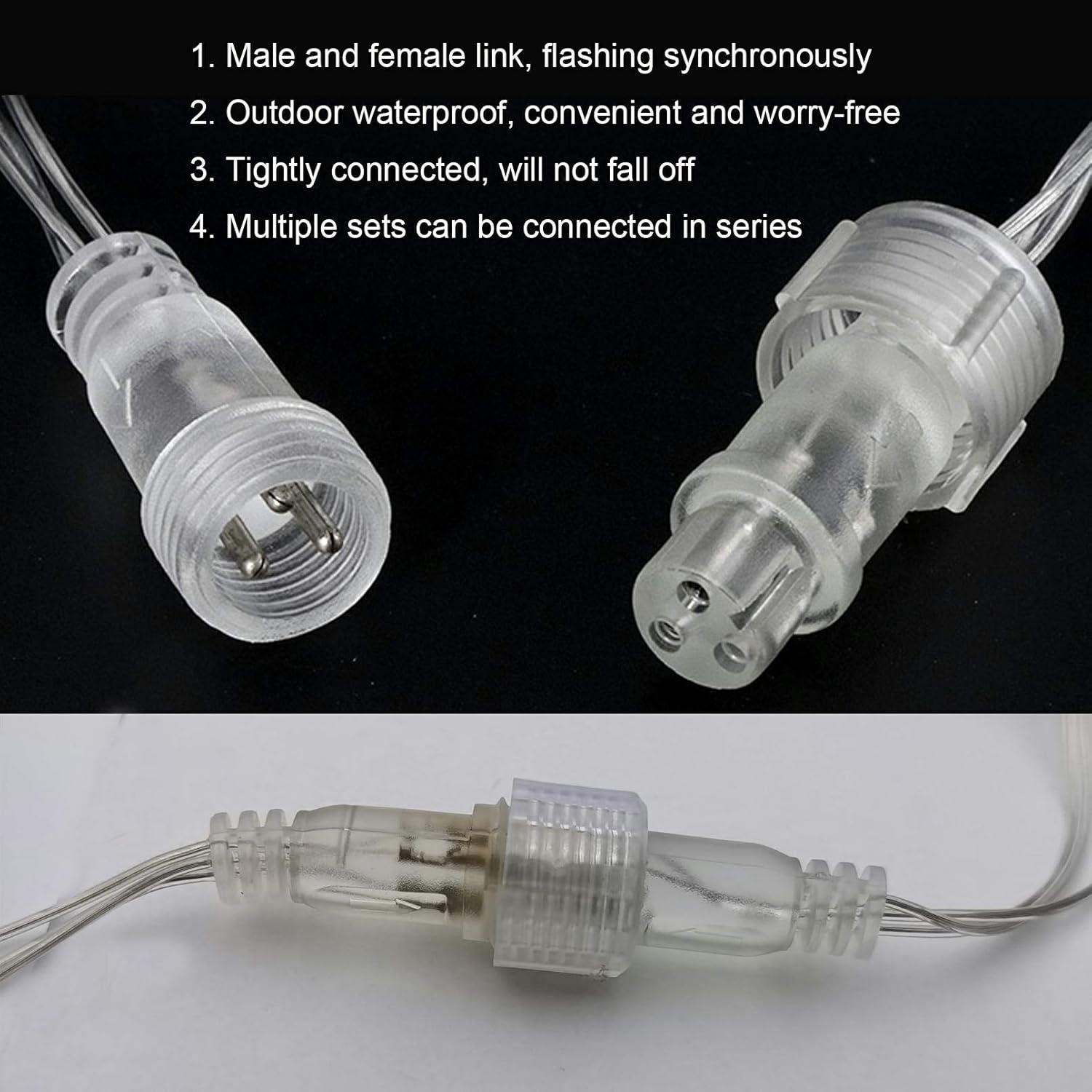 Waterproof male and female connectors for LED Fairy outdoor lighting with secure locking and series connection capability
