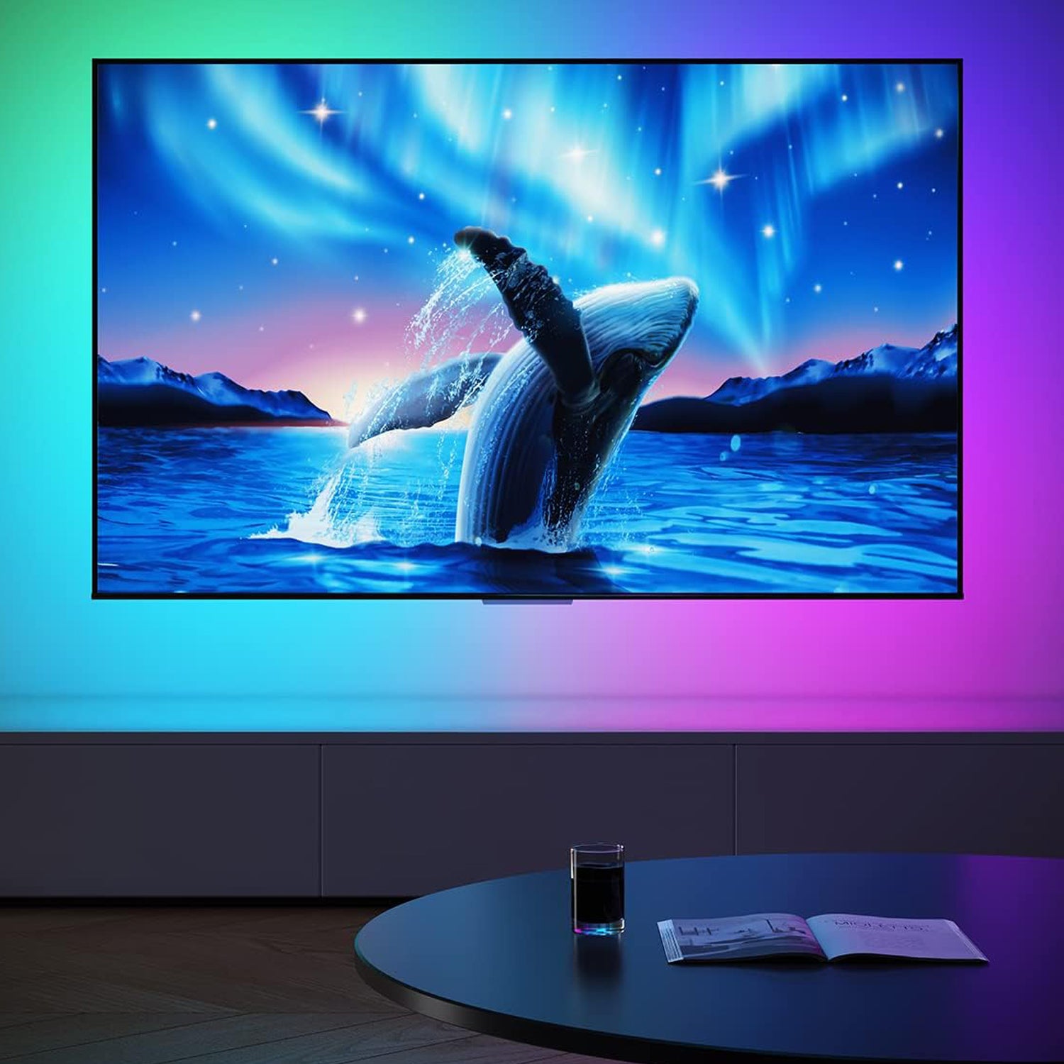 TV with vibrant whale image illuminated by a multicolor TV backlight LED strip creating ambient lighting