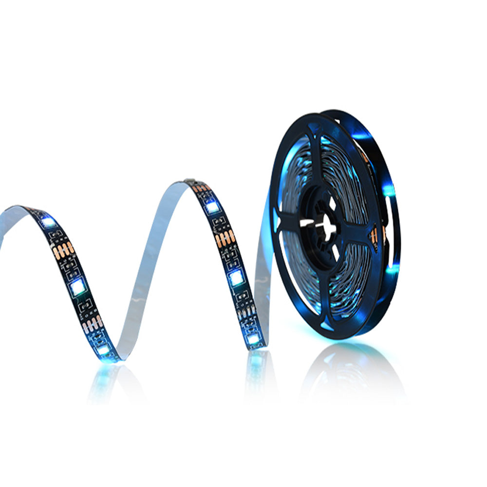 Ningbo Fuaisi Electric Appliance TV backlight LED strip glowing blue on a black spool