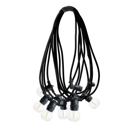 Waterproof LED string lights with black wiring and round bulbs for outdoor lighting