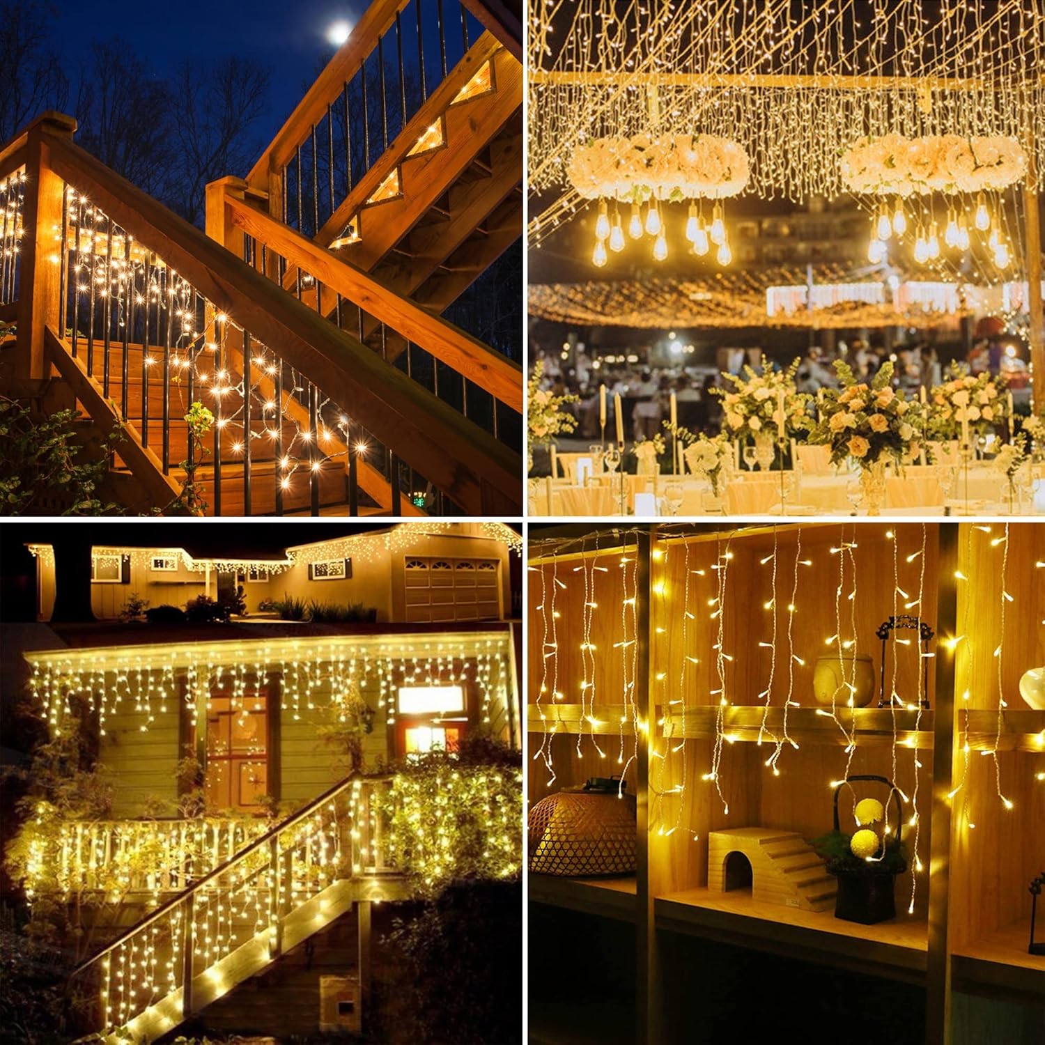 Outdoor lighting with warm white LED Fairy string lights decorating stairs, patio, and event spaces