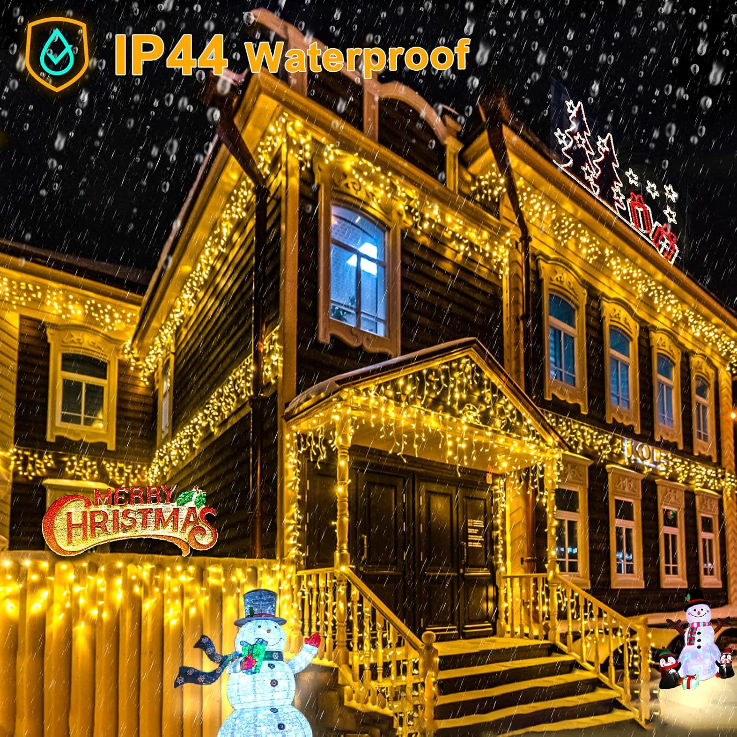 Outdoor lighting featuring LED Fairy waterproof string lights decorating a house with Christmas decorations