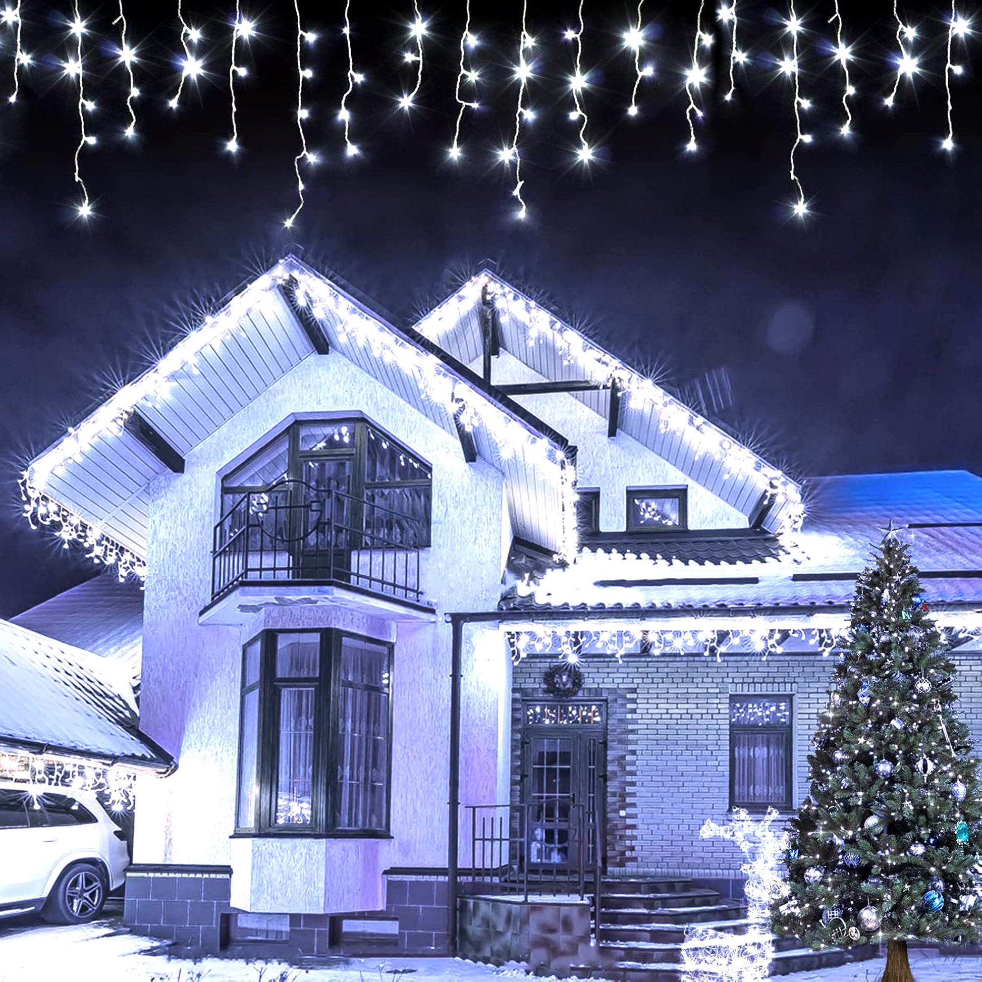 Outdoor lighting with LED Fairy icicle string lights decorating a house roof and a Christmas tree