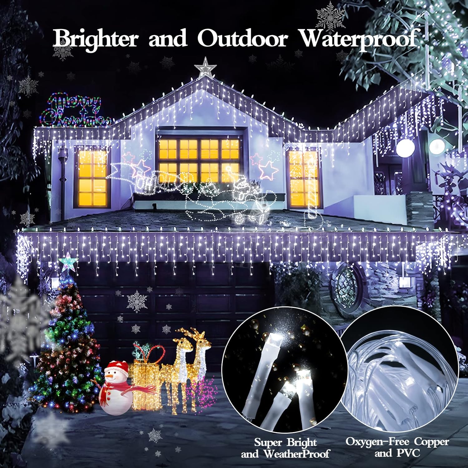 Outdoor LED Fairy string lights decorating a house roof with bright waterproof icicle lights and festive holiday decorations