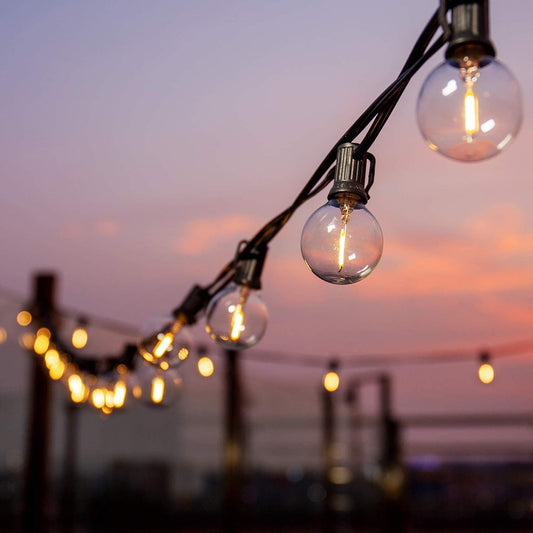 Close-up of glowing outdoor string bulbs showing voltage of Christmas LED lights at sunset