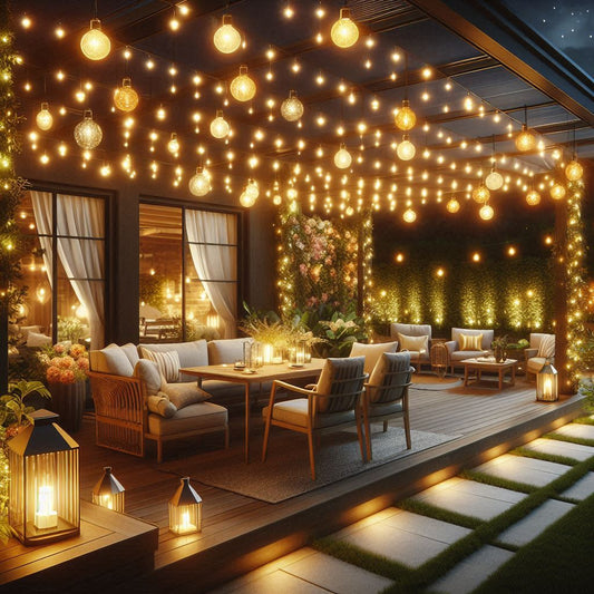 Cozy outdoor patio decorated with warm glowing LED string lights for garden decor and comfortable seating area