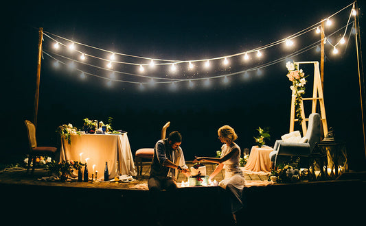 Romantic outdoor setting with string lights showcasing the best LED lights for courtyard decor